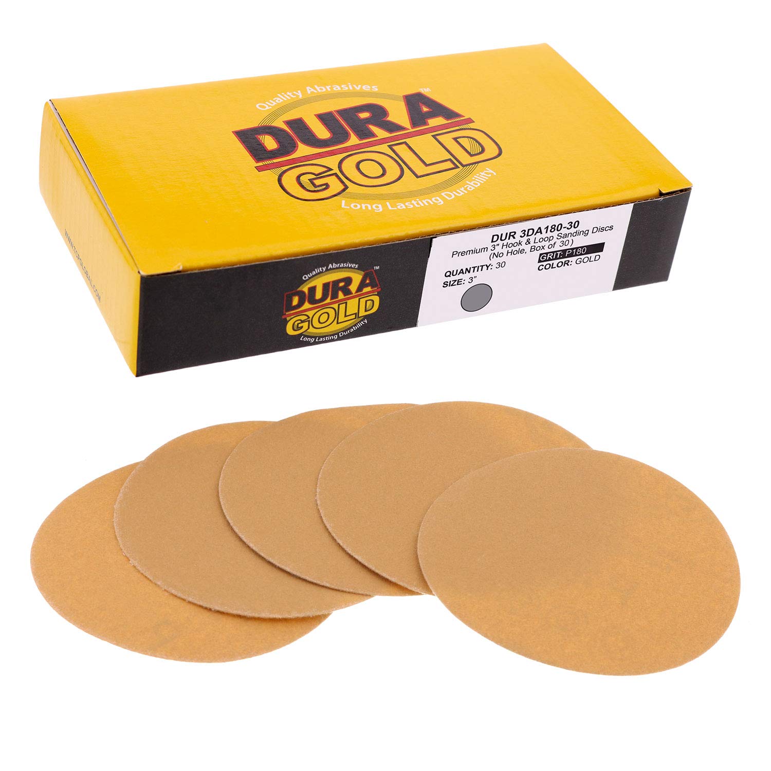 Dura-Gold - Premium - 180 Grit 3" Gold Hook & Loop Sanding Discs for DA Sanders - Box of 30 Sandpaper Finishing Discs for Automotive and Woodworking