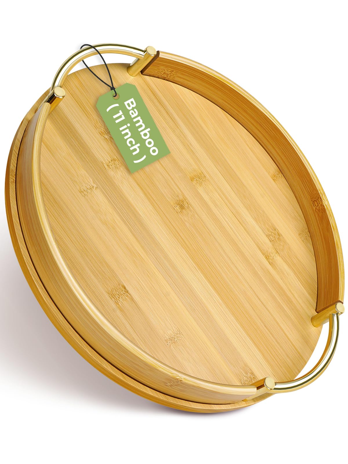 JUPELI 11.8″ Round Bamboo Serving Tray with Handles – Decorative Tray, Breakfast Tray, Coffee Table Tray, Ottoman Tray, Kitchen Platter for Drinks,
