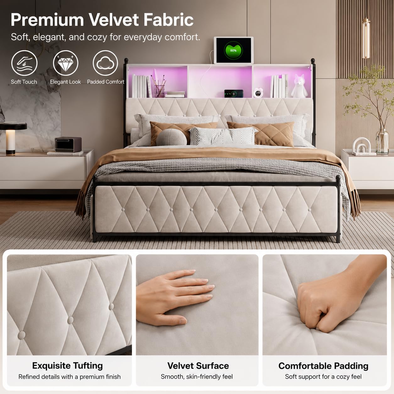 Łóżko tapicerowane 180 x 200 cm, podwójne łóżko z diodami LED i USB, łóżko młodzieżowe z zagłówkiem do przechowywania, z 4 szufladami, rama łóżka ze stelażem, aksamit (beżowe, 180 x 200 cm)