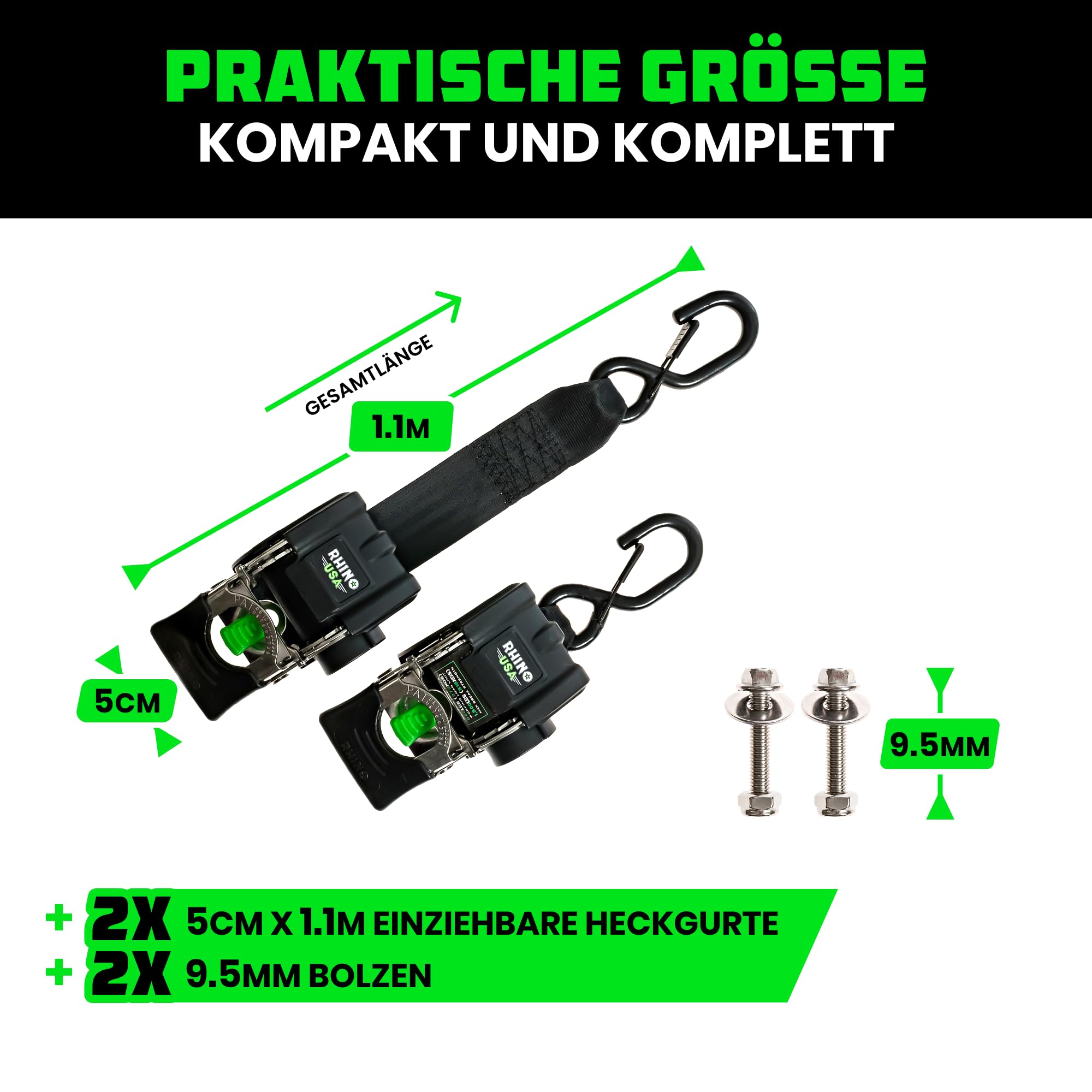 Rhino USA Einziehbare Bootsanhänger-Gurte (2er-Set) 5cm x 1,1m 1.300kg | 1.300kg Boots-Spanngurte für Anhänger. Robuster Edelstahl, Einziehbar & Salzwasserbeständig für Salzwasser-Einsatz.
