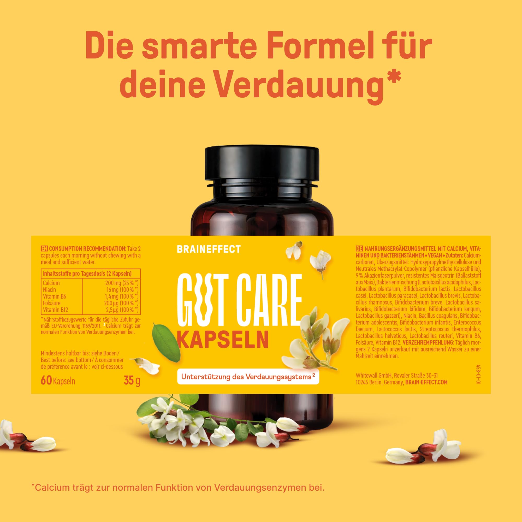 BRAINEFFECT GUT CARE Kapseln – 21 Stämme 20 Mrd KBE – 60 Stk mit Calcium | 21 Bakterienstämme hochdosiert (20 Mrd. KBE) mit Bio Inulin und Calcium für die gesunde Funktion von Verdauungsenzymen.
