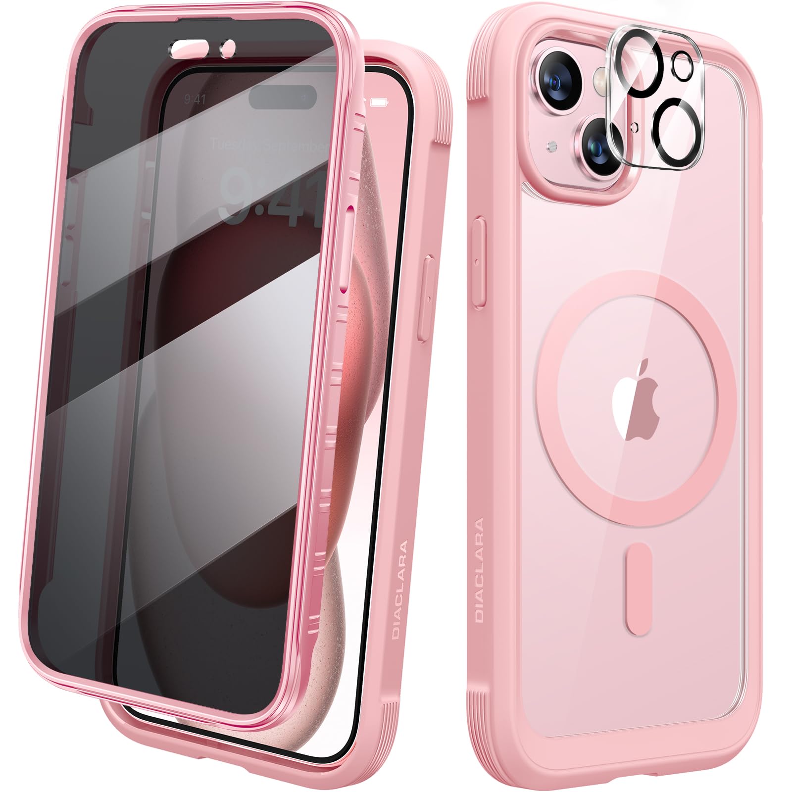 Diaclara Magnetic Designed for iPhone 15 Case, Full Body Rugged Case with Built-in Privacy Touch Sensitive Anti-Scratch Screen Protector, with Camera Lens Protector (Coral Pink)