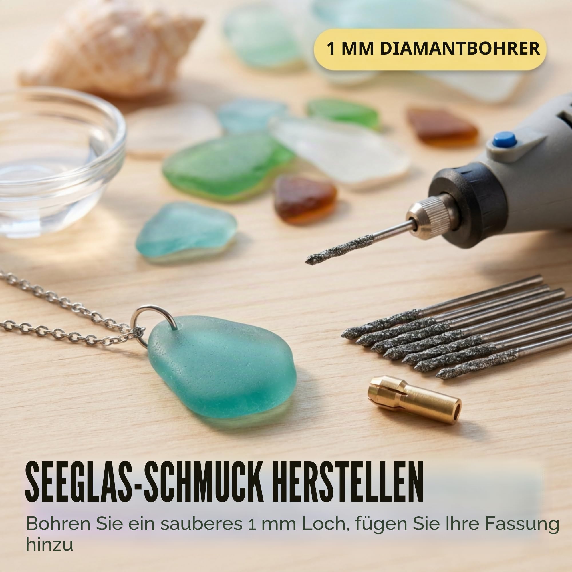 Drilax 1mm Diamantbohrer Set – Diamantbeschichtete Mikro Bohrer für Schmuck, Glas, Muscheln, Edelsteine & Meerglas – 20 Stück Feinbohrer Kit