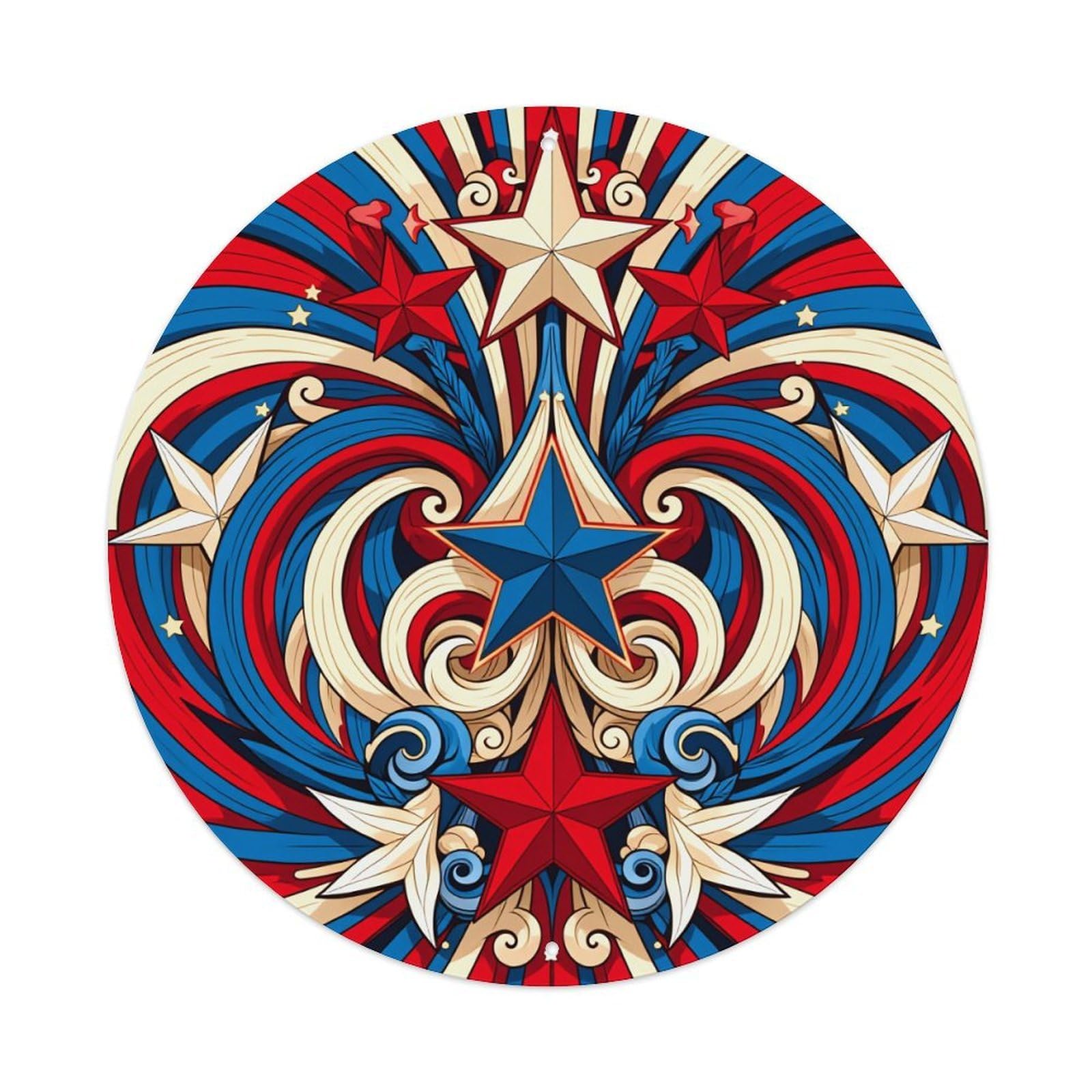 Red White Blue Stars Swirls Round Tin Sign Retro Metal Sign for Cafe Bar Pub Home Game Room Gym Club Wall Decoration Vintage Metal Poster 8x8 Inch