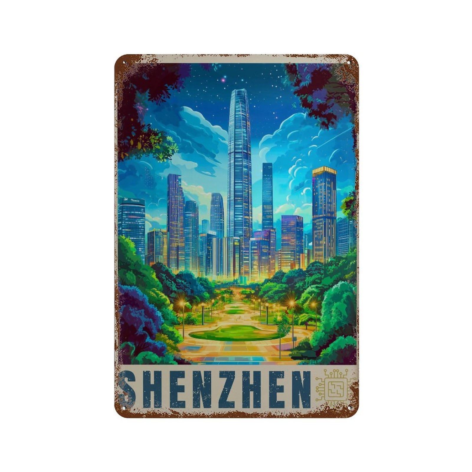 xiaoxiaoshen Shenzhen Cityscape Travel Guangdong Wall Decor Art Metal Tin Poster Modern Home Decor Art Home Bar Shop Decorations Vintage Sign 30x20cm