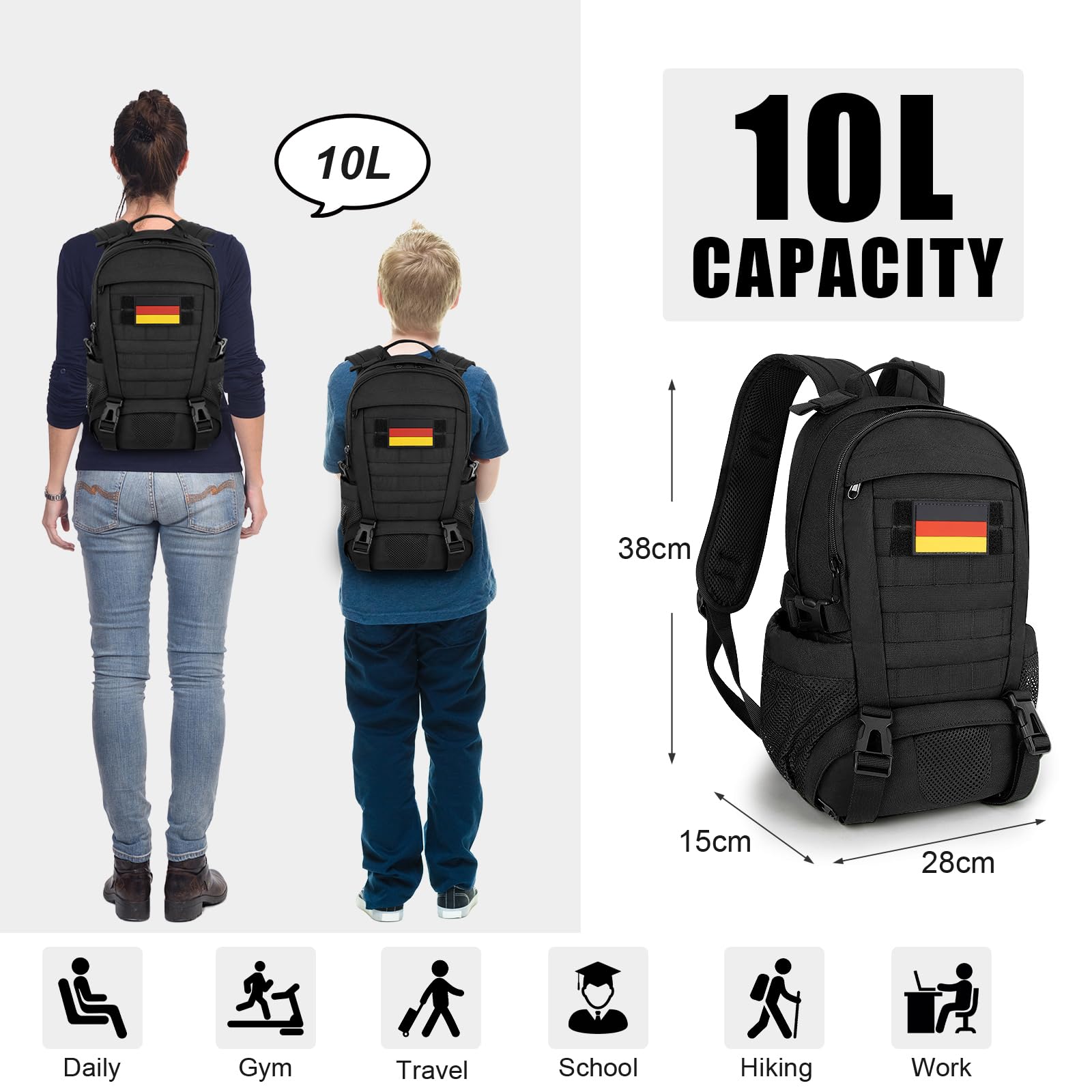 Petit sac à dos homme femme : mini sac à dos 10L avec système MOLLE noir