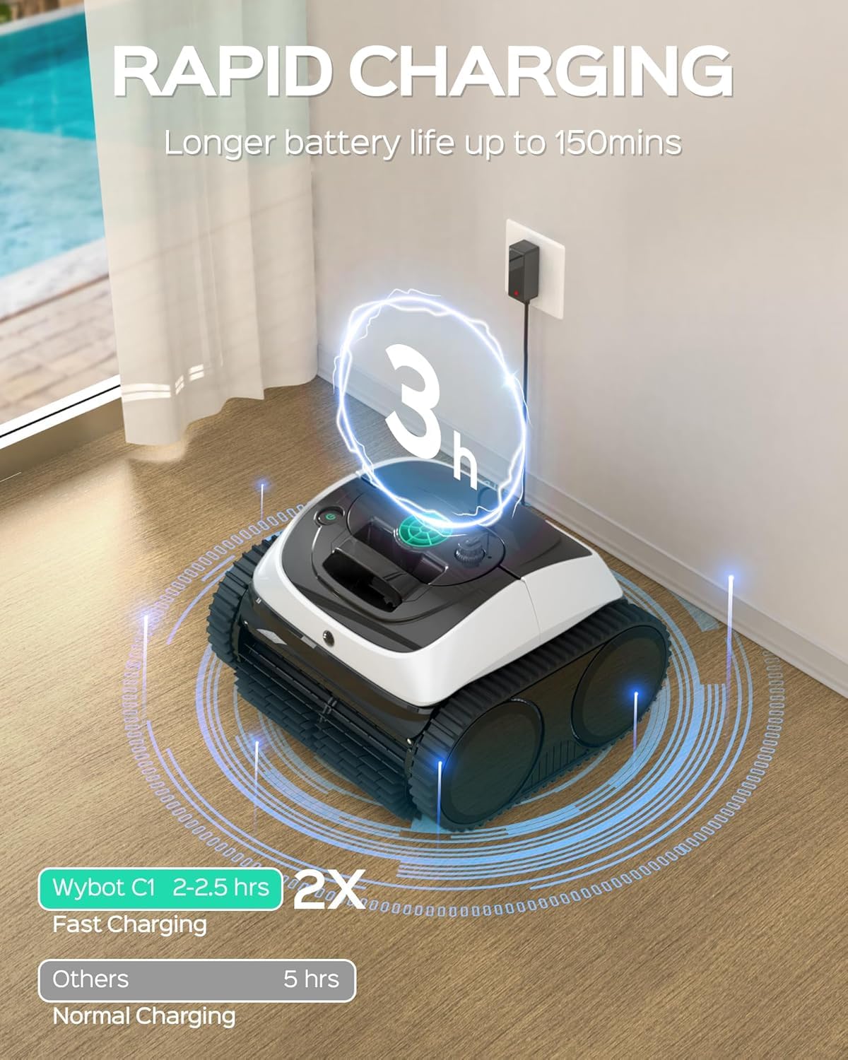 WYBOT C1 Robot basenowy z inteligentnym planowaniem trasy, w pełni automatycznym czyszczeniem podłogi, linii wodnej i ścian, do 150 minut, ulepszony potrójny silnik, idealny do 150㎡