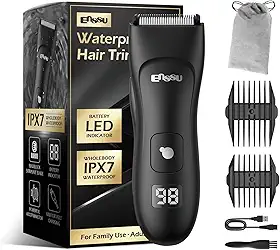 ENSSU - Aparador Elétrico para Homens, com Lâmina de Cerâmica, À Prova d'Água, Recarregável (Lítio), Preto, para Barba, Peito, Virilha e Púbicos