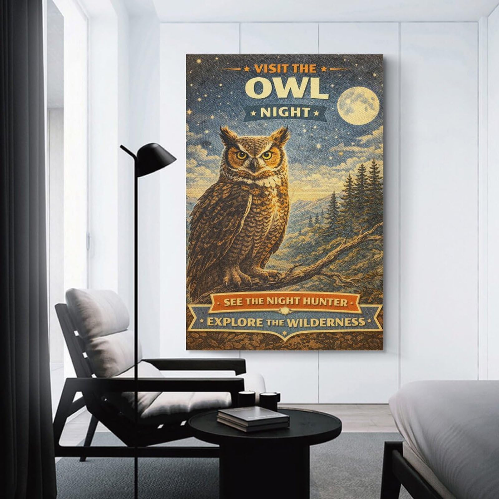 Junmoney Wall Picture Print Vintage Owl Night, 24x36inch(60x90cm), for Lounge, Bedroom Or Personal Spaces, Canvas Artwork with Gifting Potential