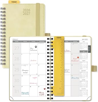 POPRUN 2026-2027 Monthly Planner, Small 4" x 6.25", 18 Month Calendar Agenda July 2026 - December 2027 with Expense Tracker, Notes Pages, Sprial Bound, Leather Softcover - Beige