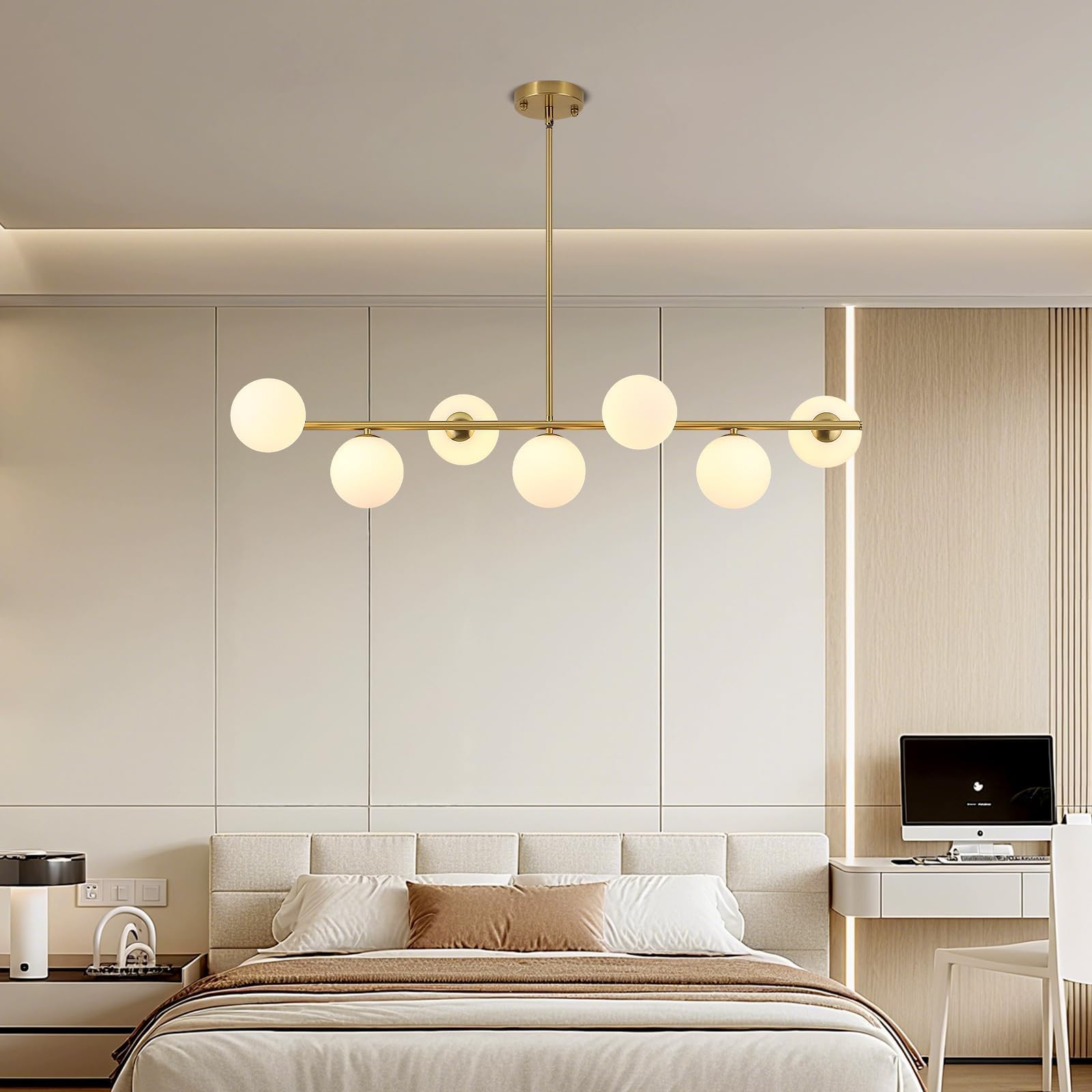 Moderne Pendelleuchte Wohnzimmer Gold,7 WeißE KugelföRmige Glas Lampenschirme Kronleuchter,HäNgeleuchte Zur Dekoration Des Schlafzimmer,Esszimmerlampe,G9 Fassung Esstischlampe,Hotel,KüChe