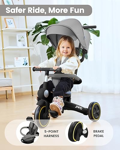 Miniatura 5 de JMMD Triciclo para bebé, 7 en 1 multifuncional para niños con mango ajustable para padres, arnés de seguridad y frenos de rueda, toldo extraíble,