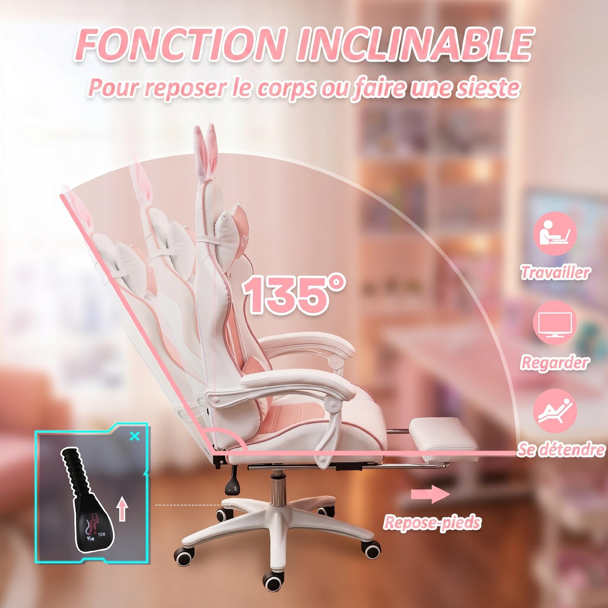 Vinsetto Chaise Gaming Fauteuil Gamer Dossier Inclinable Rose