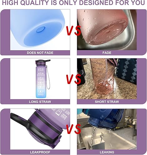 Miniatura 5 de Botella de agua motivacional de 32 oz con marcador de tiempo y paja botella de agua Tritian libre de BPA de 1 litro para mujeres hombres deportes al