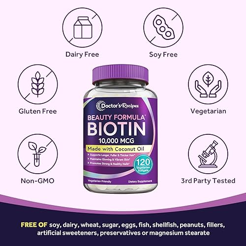 Miniatura 6 de Doctor's Recipes Biotina 10,000 mcg, crecimiento del cabello, piel y uñas saludables, metabolismo energético, biotina apta para vegetarianos, con