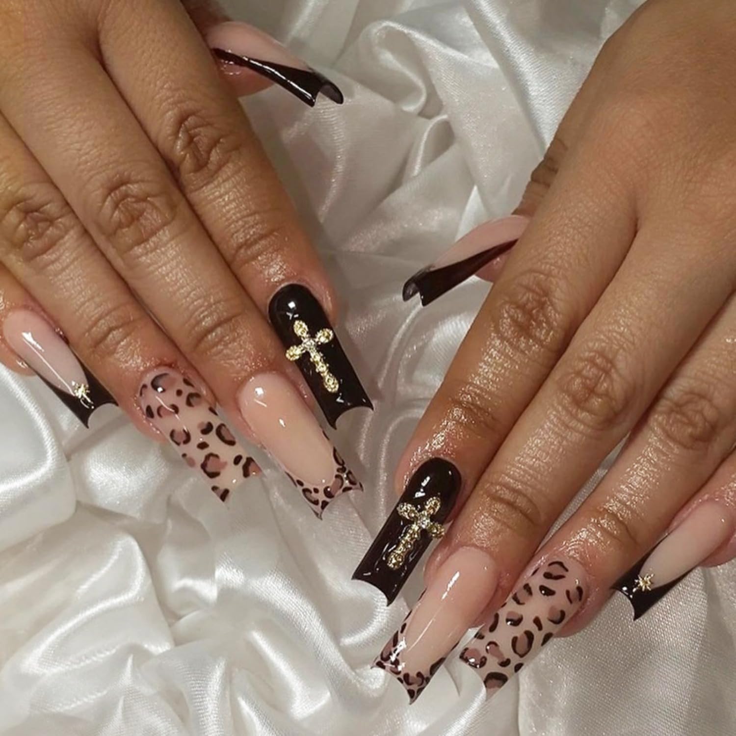 French Tip Press on Nails Brown Glue on Nails Long Coffin Nails Press on Acrylic Nails Leopard Cross Fake Nails with Glue Glossy Cheetah Stick on