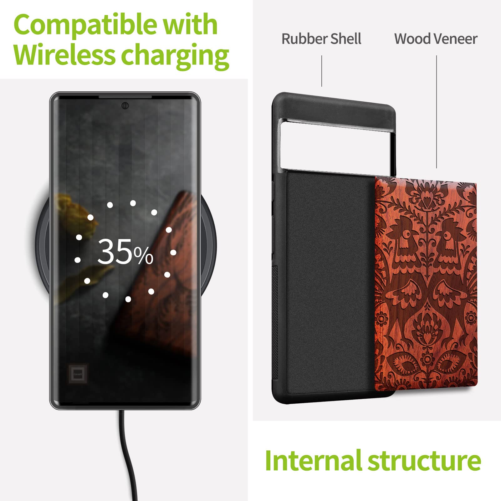 Carveit Custodia In Legno Naturale Per Google Pixel 6 Pro - Copertina Noce Con Farfalle Incise - TPU Morbido