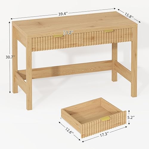 Miniatura 2 de Escritorio estriado para computadora con 2 cajones, escritorio pequeño de computadora de 39 pulgadas con almacenamiento, escritorio de estudio