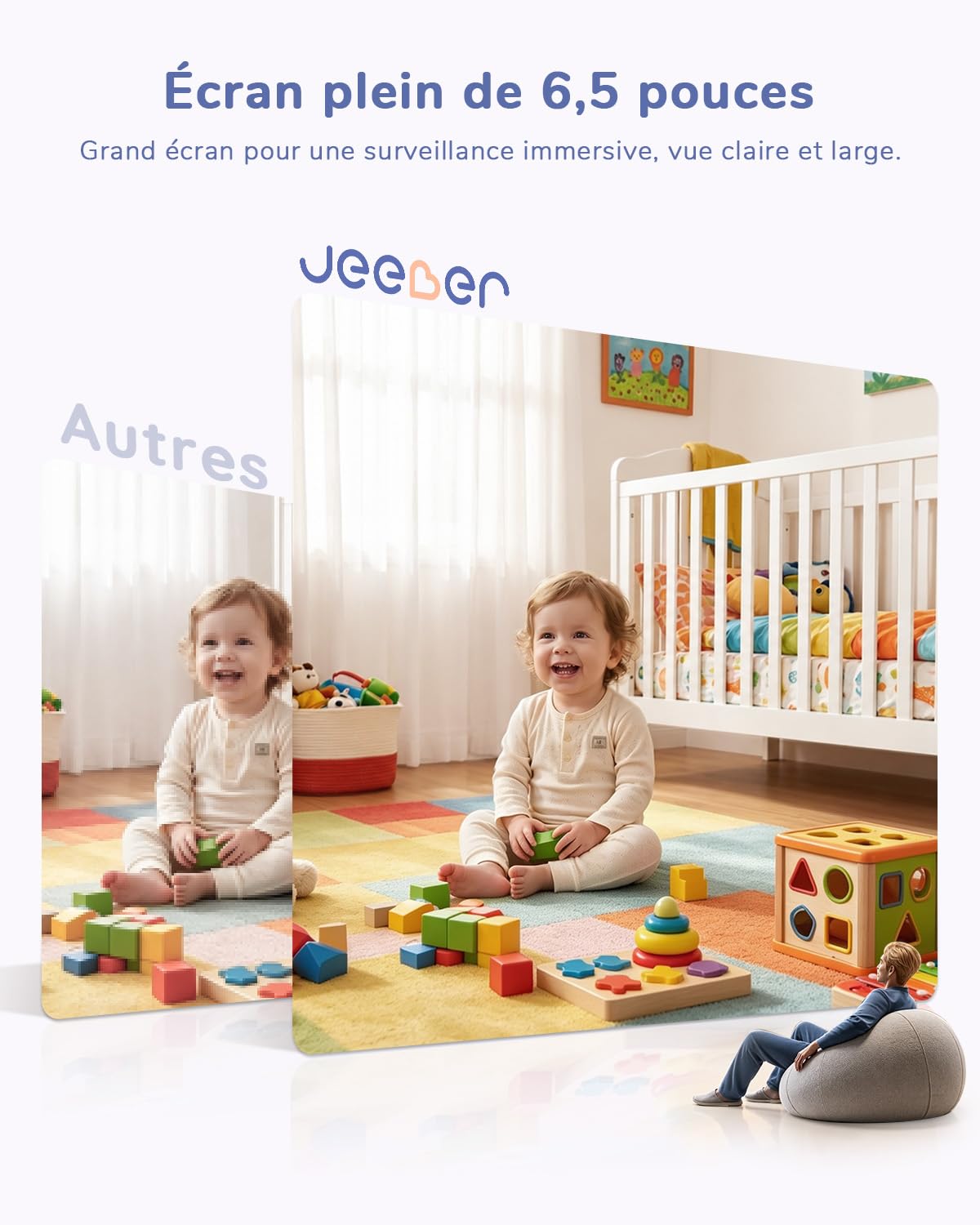 Écran Tactile 6.5" & Écran partagé, WiFi Babyphone Caméra, App, 360° | Zoom à deux doigts & Zoom 5X, 4MP, HDR Vision Nocturne, Audio bidirectionnel, Détection des pleurs & température Caméra Bébé