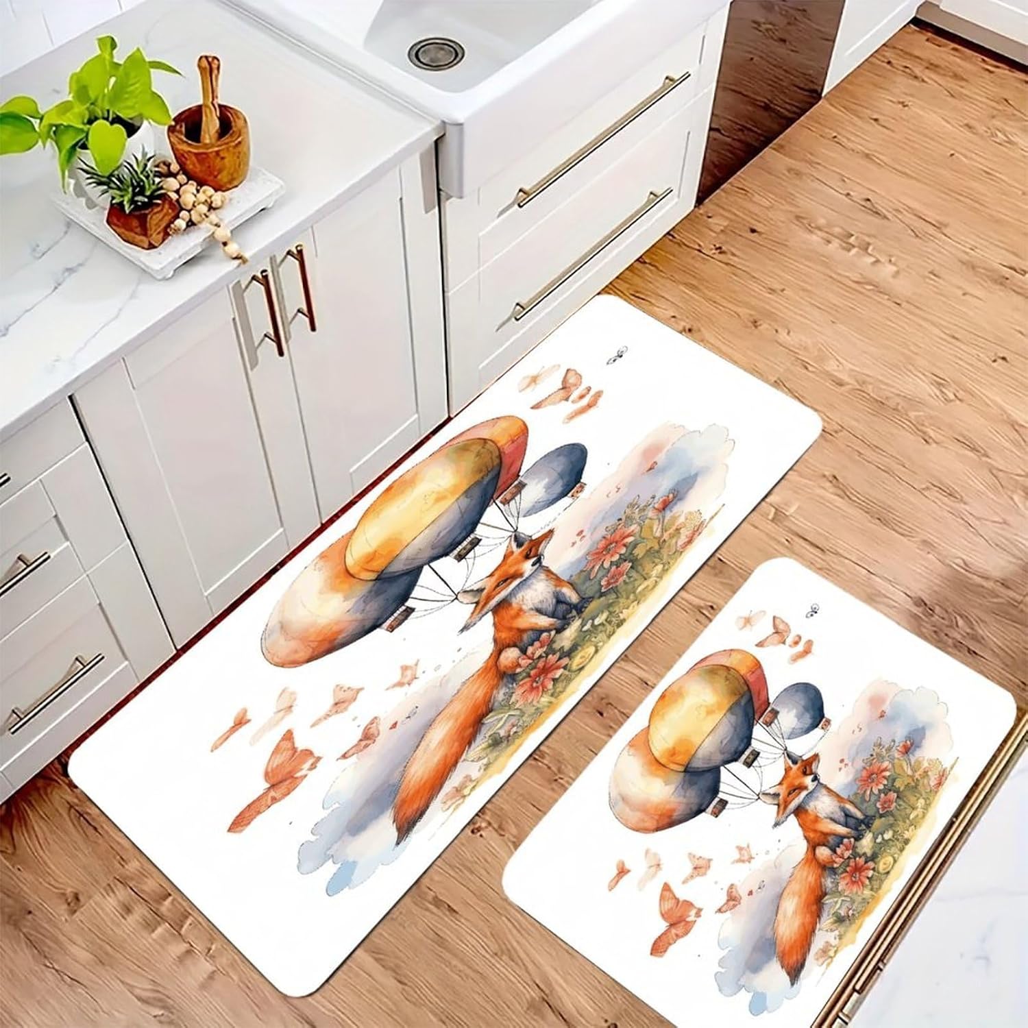 Fox and Hot Air Balloon Kitchen Mats with 2PCS Non-Slip Washable,Kitchen Rug Heavy Duty Durable, Floor Mats for Kitchen,Office,Sink,Laundry
