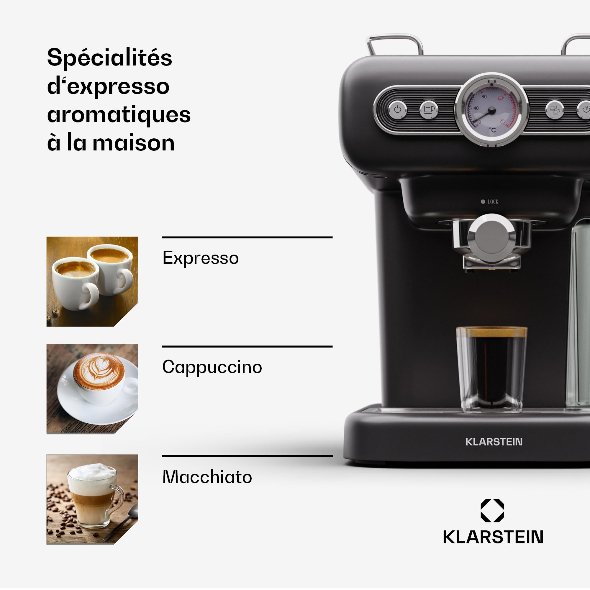 KLARSTEIN machine à expresso porte-filtre avec mousseur à lait, mini machine à expresso rétro 1,2 L avec porte-filtre, petite à café 950 W, à café en acier inoxydable pour