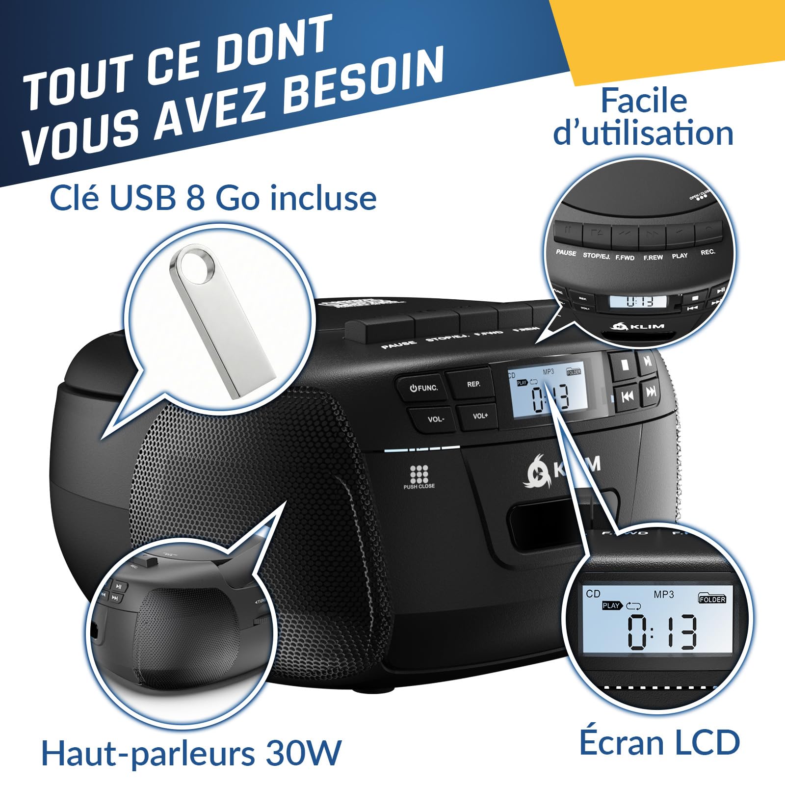 KLIM Lecteur CD & Lecteur Cassette Audio avec USB, AM/FM Poste Radio CD, Lecteur CD Bluetooth, Son Stéréo, Télécommande, Enregistrement de Cassettes, AUX, Radio Cassette CD