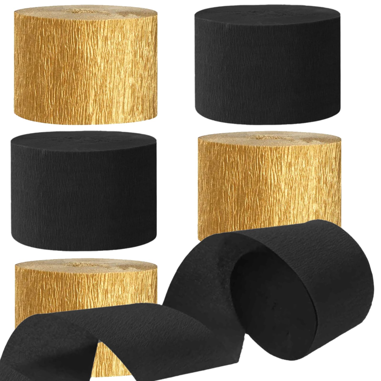 Black Gold Crepe Paper Streamers 1.8 Inch Widening 6 Rolls, 82 Feet per Roll for Birthday, Baby Shower, Wedding Black Gold Party Decorations