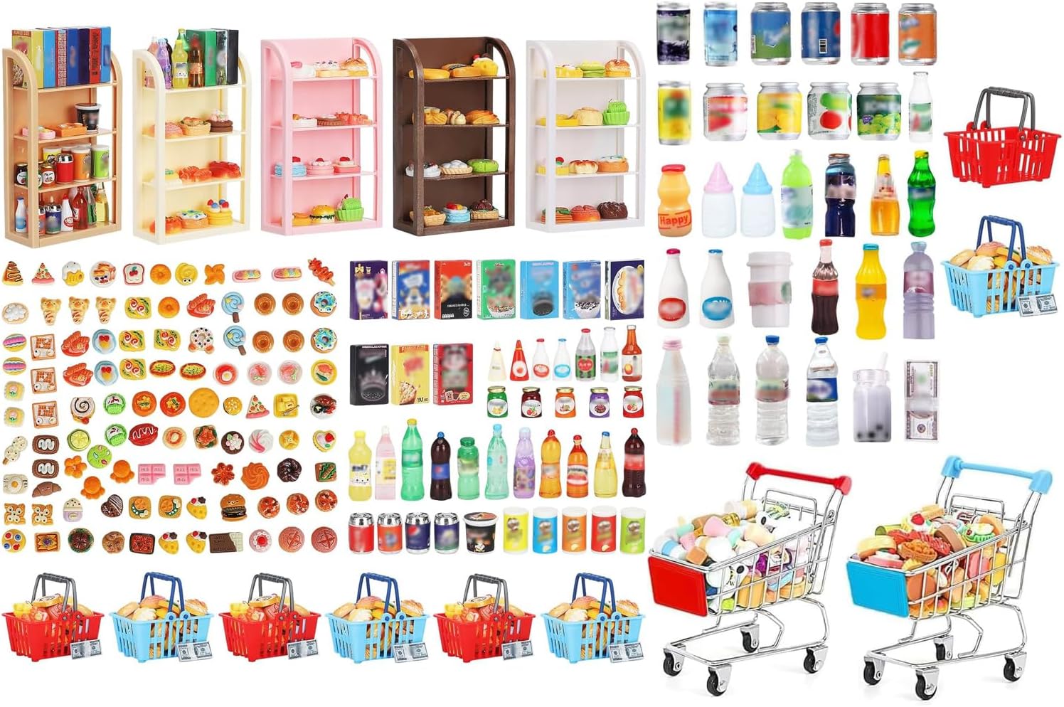 305Pcs Mini Shopping Cart Basket Miniature Food Drink Toy Supermarket Shelves Furniture Model Dollhouse Store Grocery Accessories Kitchen Cosplay Play Game Party Model