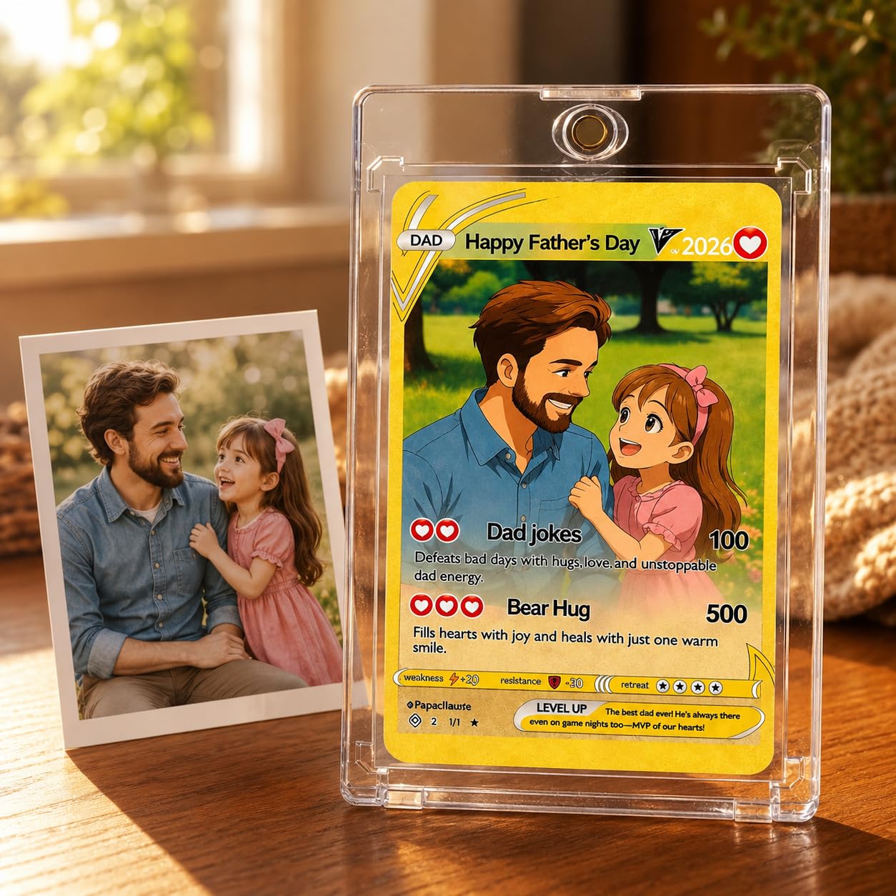 Personalised Photo Poke Card Dad Gifts from Daughter Son Custom Trainer or Character Card with Anime Picture Text Name Best Dad Ever Father's Day Birthday Gifts for Daddy Husband Grandpa Papa