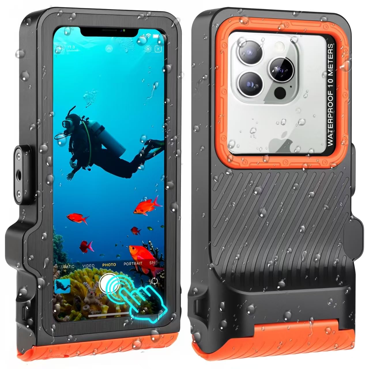 【2025最新タッチ版】潜水用ケースiphone 第4世代 水中撮影スマホケース 水中 写真 IPX8標準防水レベル水深さ10mまで潜水タッチ機能 ストラップ付き 水泳 防水ポーチお風呂 海水浴 夏フェス 温泉 お釣り海 海上アスレチックパークなど適用に対応 (ブラック+オレンジ)