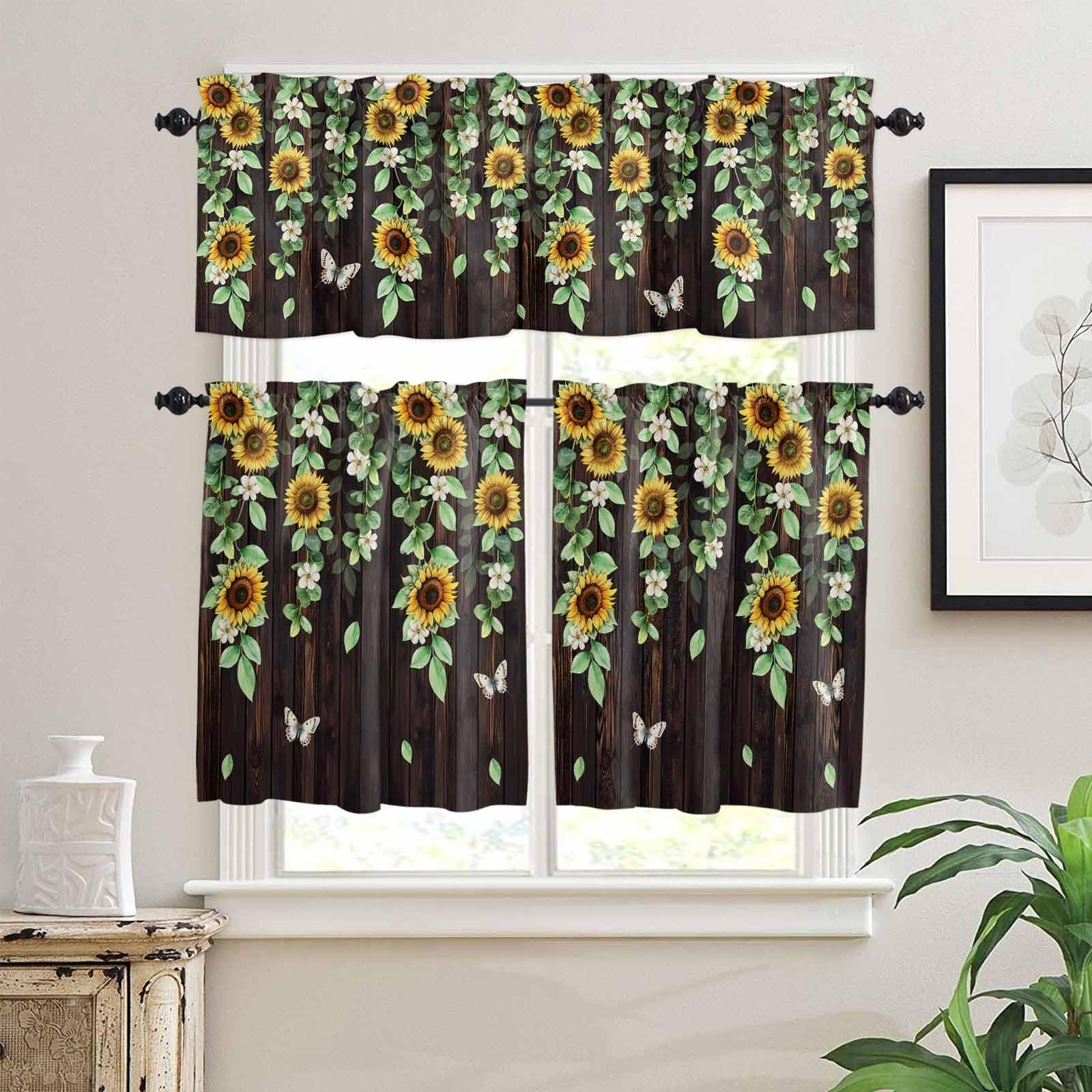 Sunflower Kitchen Curtains 36 Inch Length,3 Piece Rod Pocket Small Half Tiers and Valance Set,Butterfly Flowers Green Leaf Brown Wood Grain Small Large Window Treatment Decor for Bedroom/Bathroom