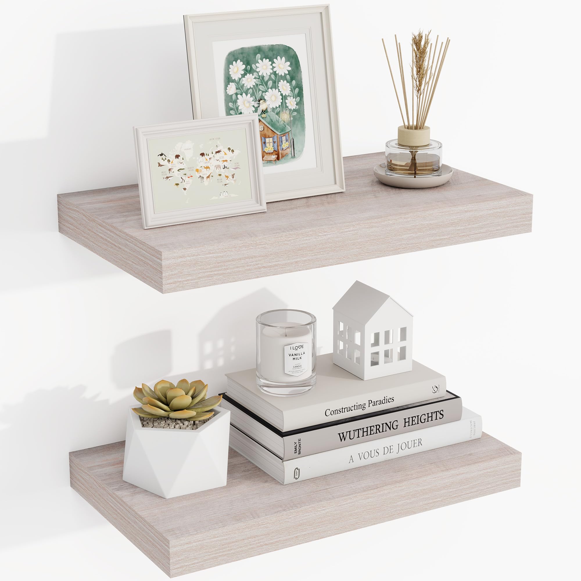 Acovy 16 Inch Floating Shelves, 3D Textured Wood Grain, 16"x9.25"x1.5" Inch Deep Floating Shelves for Wall, Wooden Shelves for Bathroom, Bedroom, Living Room, Washed White, 2 Pieces