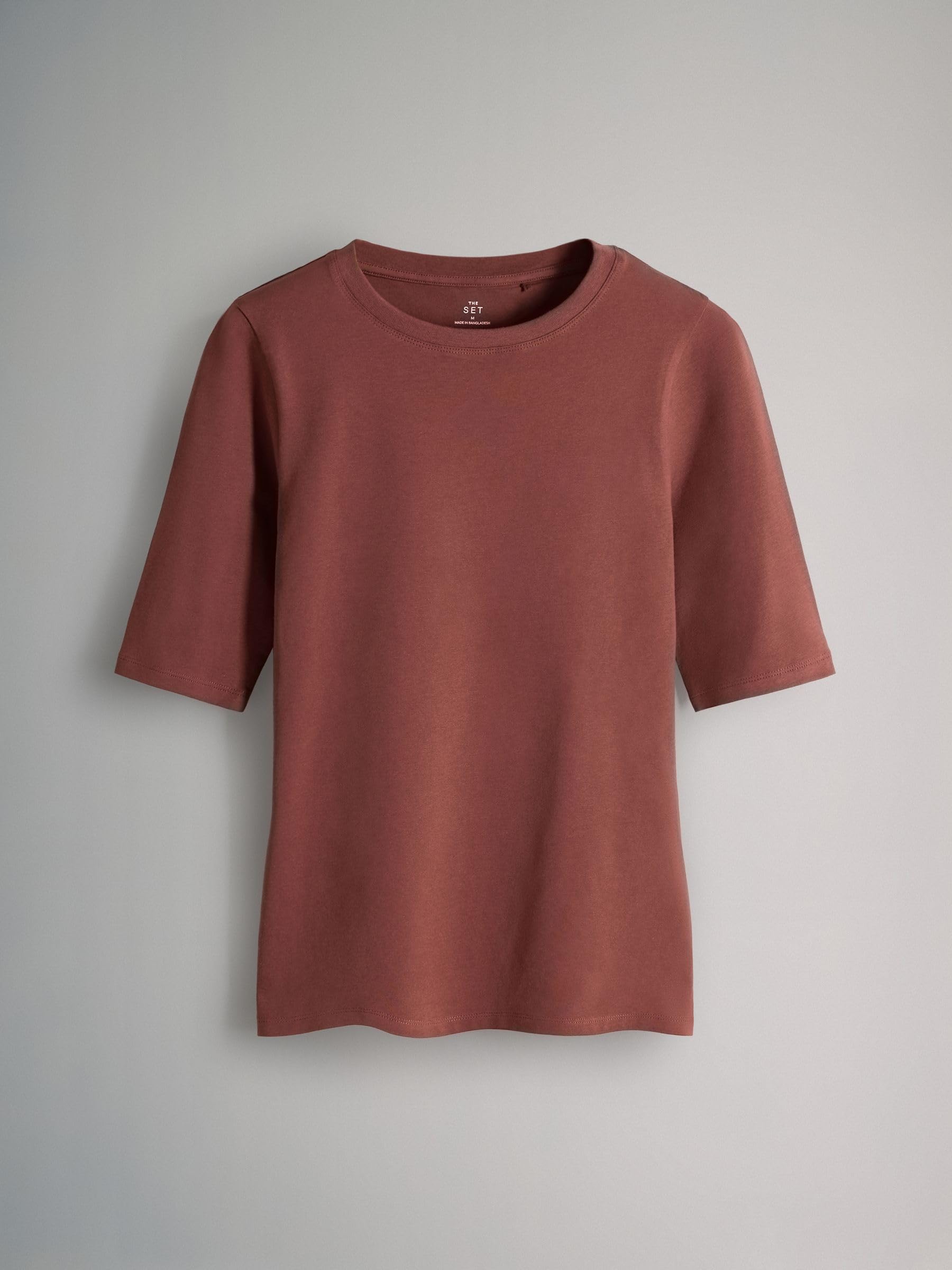 THE SET Damen Figurbetonte T-Shirts mit Rundhalsausschnitt und halblangen Ärmeln, 4er-Pack