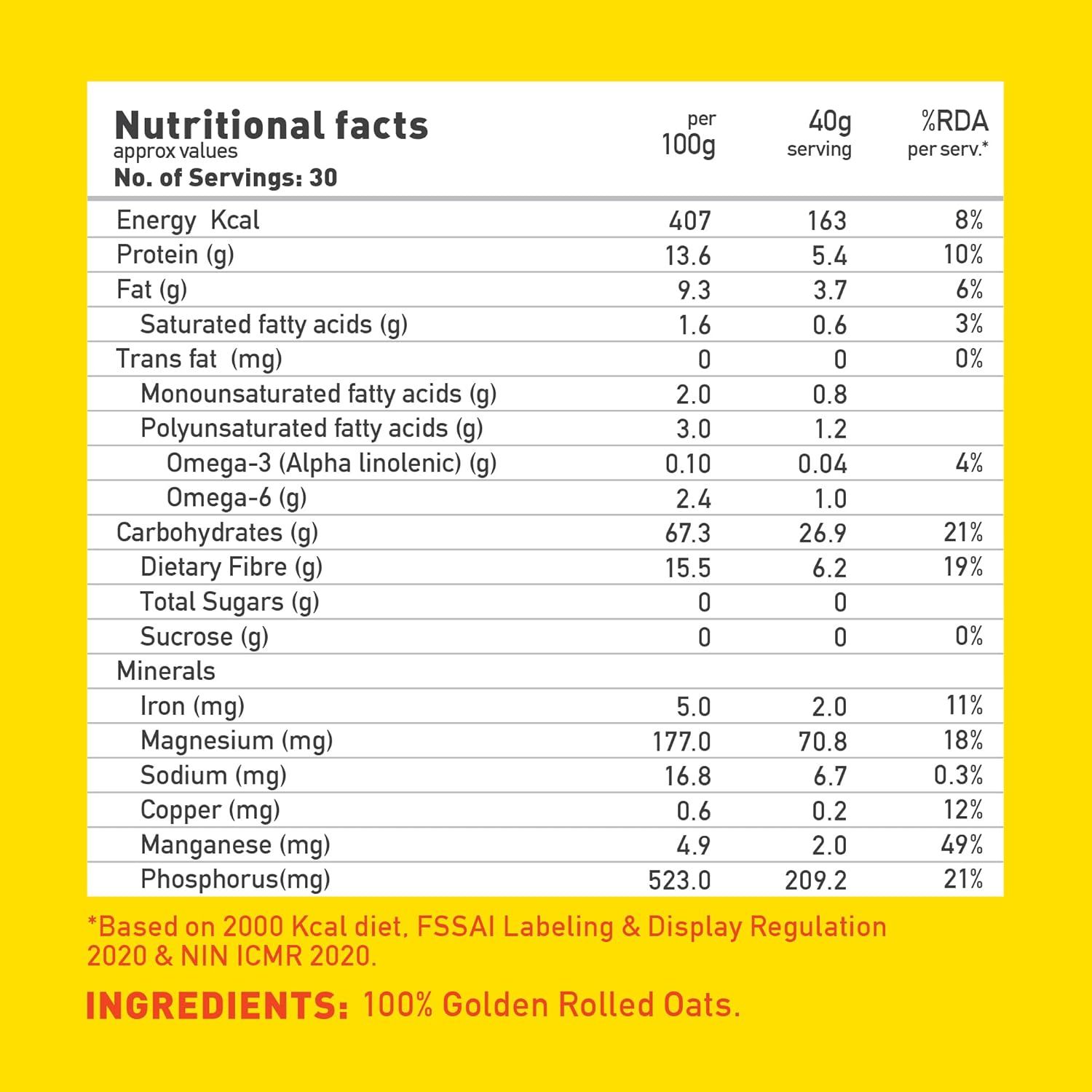 Yogabar 100% Rolled Oats 2kg Combo, 1kg Jar + 1kg Pouch | Gluten-Free, High-Fibre Wholegrain Oats | Nutritious Breakfast Cereal, Easy-to-Cook