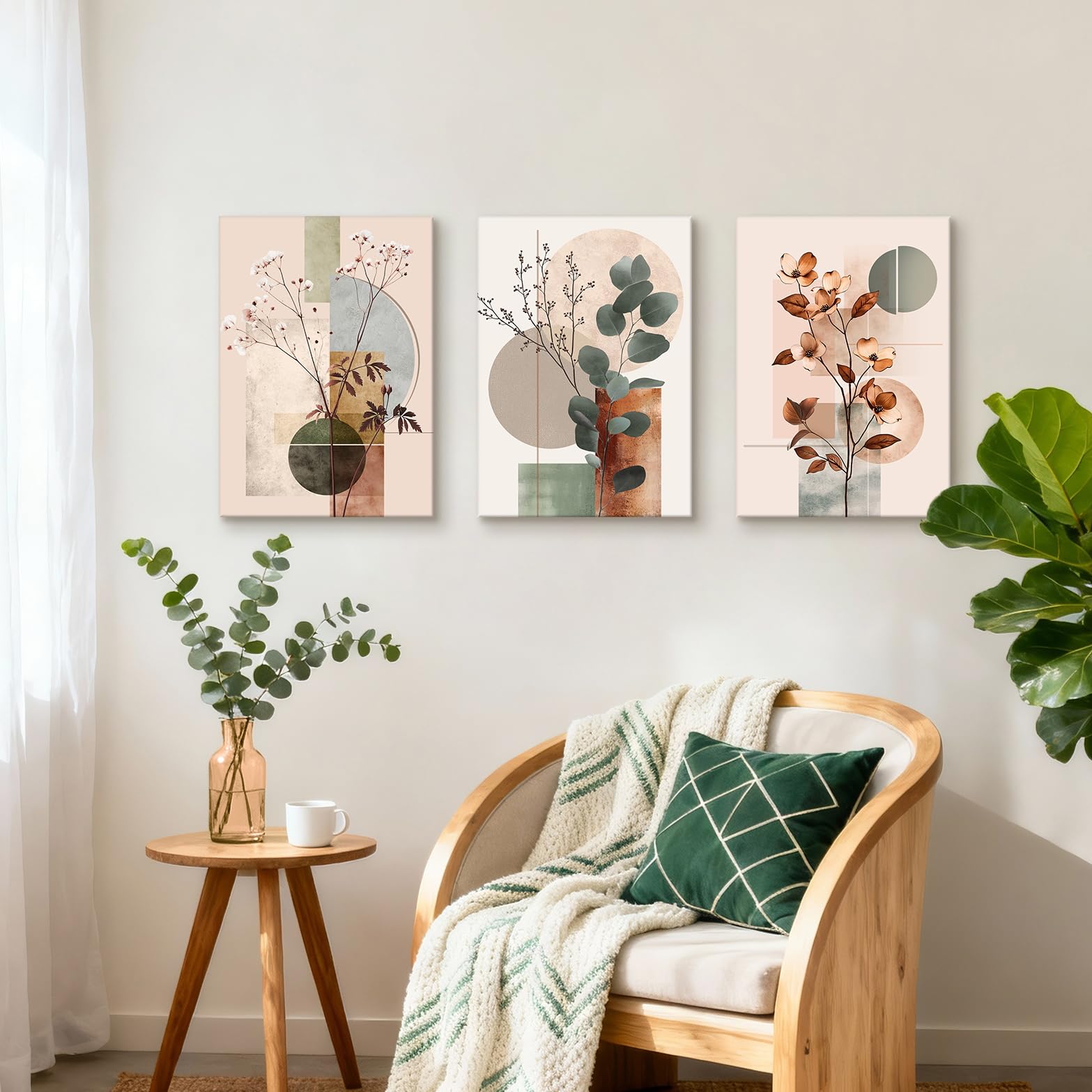 3Pcs Beige Geométrico Abstracto Marcos Con Modernos Cuadros Decoracion Botánico Algodón Eucalipto Hoja Cuadro y Láminas Plantas Floral Lienzos Decorativos Hogar Para Comedor Salon Dormitorios 40X60cm