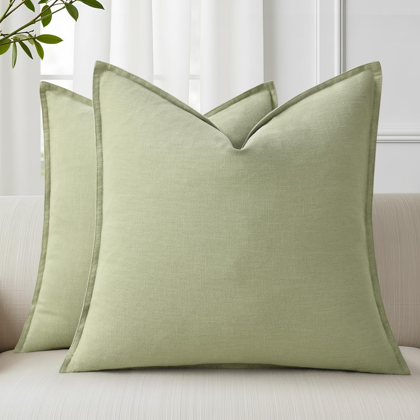 decorUhome Fall Sage Green Linen Throw Pillow Covers 22x22 Set of 2