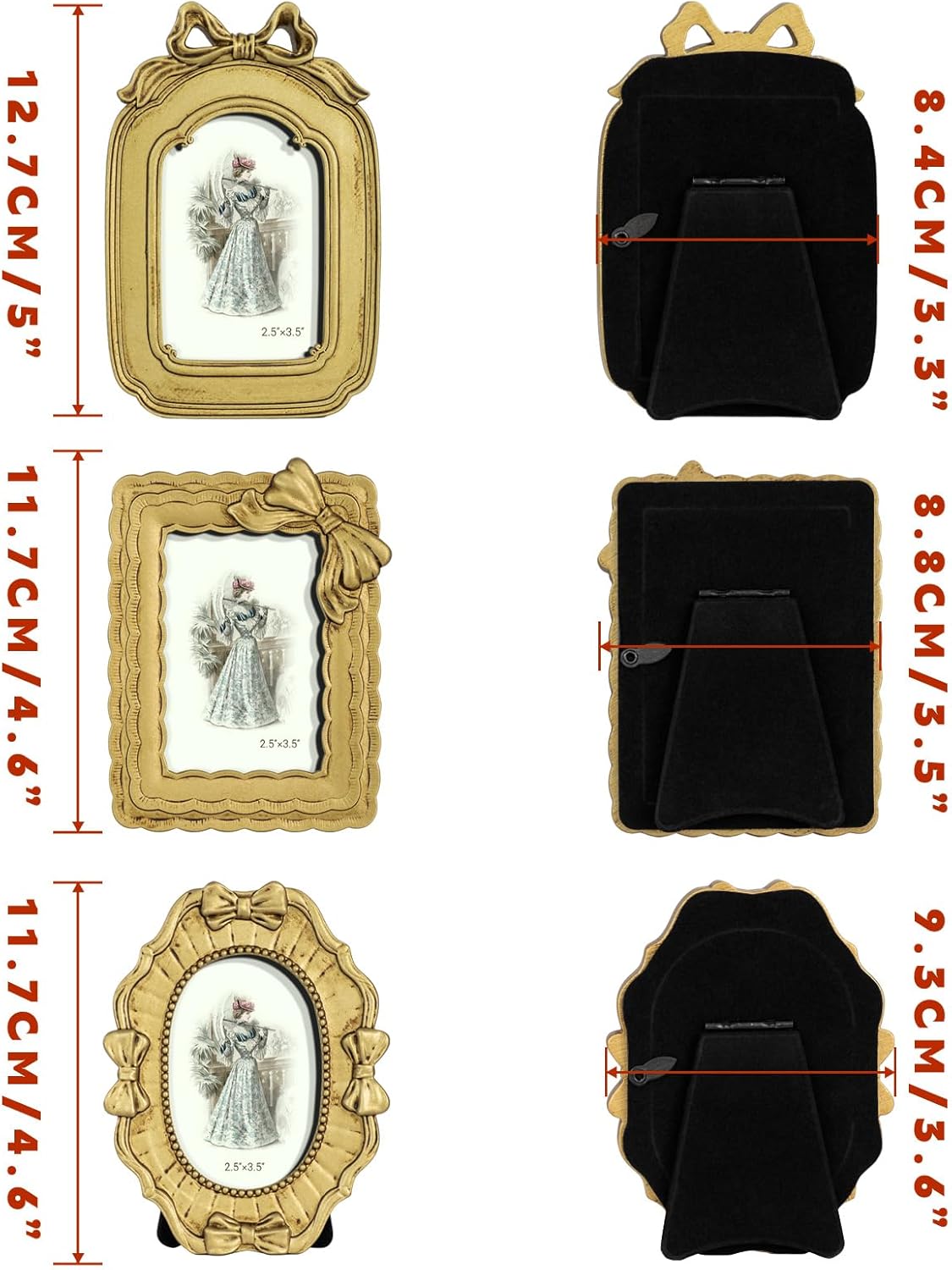 GUOER 3 Pcs Tiny Bow Picture Frames Small Vintage Picture Frames Gold Vintage Ornate Antique Resin Frame Table Top Display Frame for Home Wedding Decor(2.5 x 3.5 Inch,Gold)