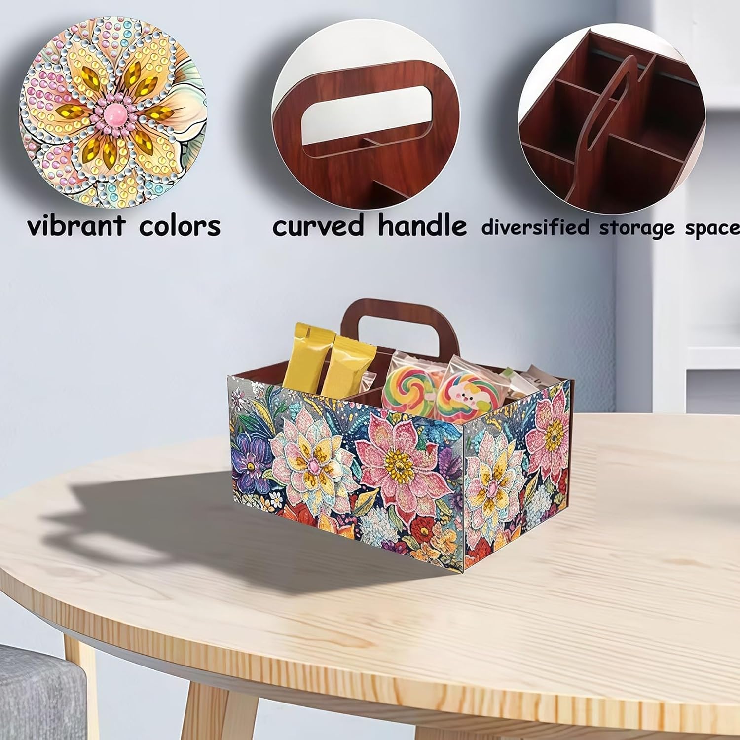 BAYUNOE DIY Diamond Art Painting Storage Box with Handle Multi-Grid Versatile Organizer for Craft Sundries Wooden Tabletop Ornament for Home Office Organization-Flowers03 image 2