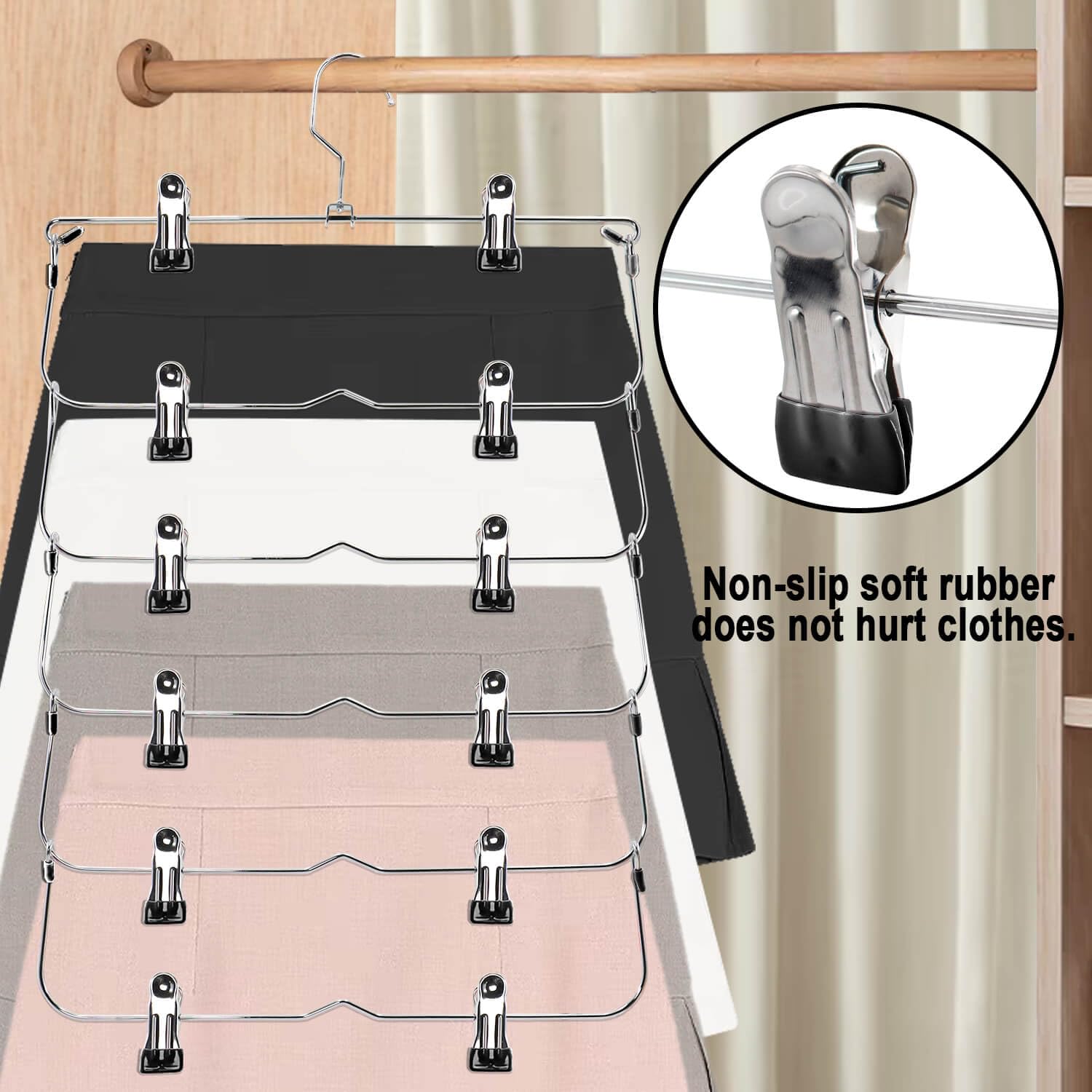 Perchas para faldas y pantalones con clips, perchas de 6 niveles para faldas que ahorran espacio, metal, organizador de armario antideslizante y almacenamiento para múltiples prendas y pantalones