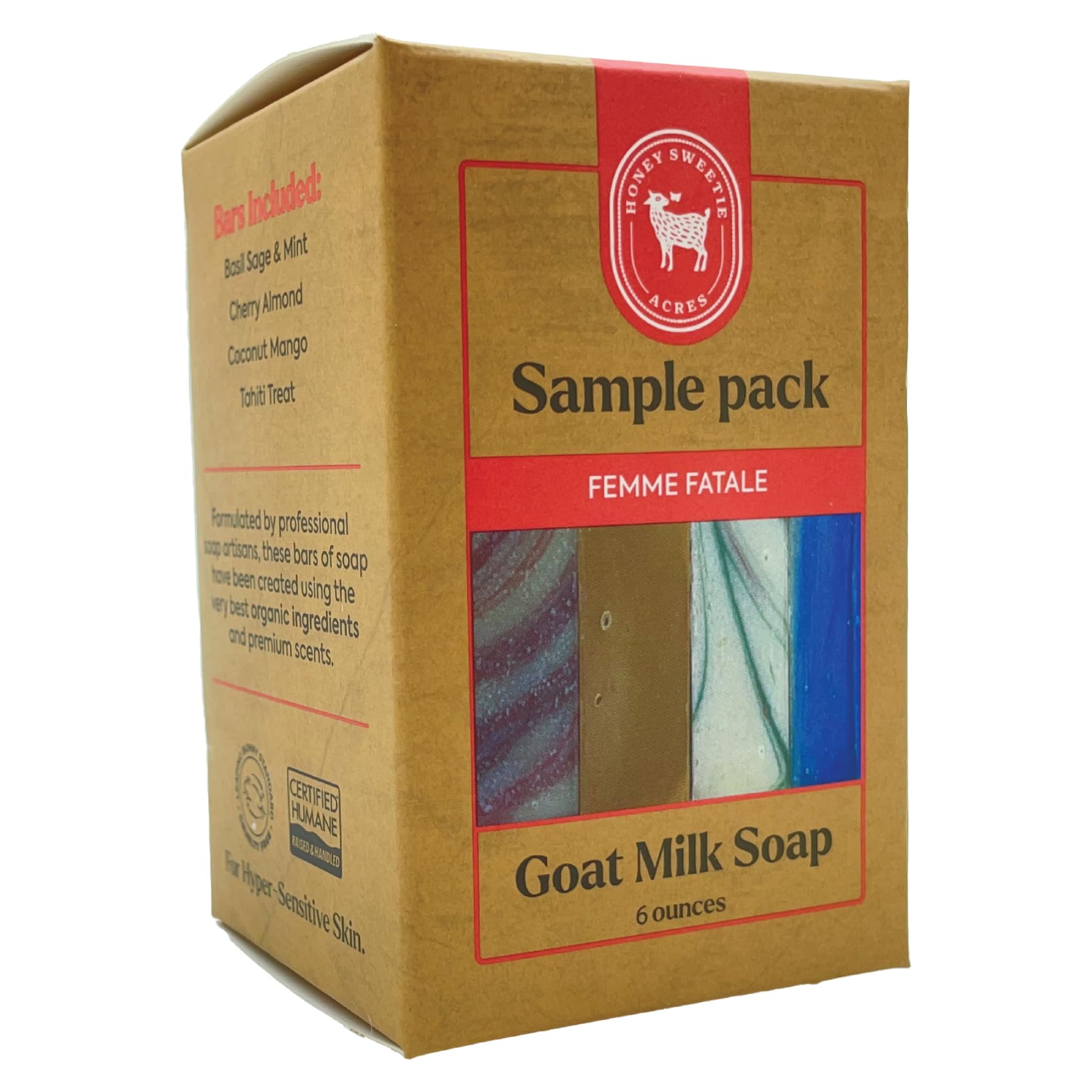 Honey Sweetie Acres Goat Milk Soap Travel Set – 4 Handmade Bars (1.5 oz Each) – Tahiti Treat, Coconut Mango, Cherry Almond, Basil Sage & Mint – All Natural Femme Scent Collection