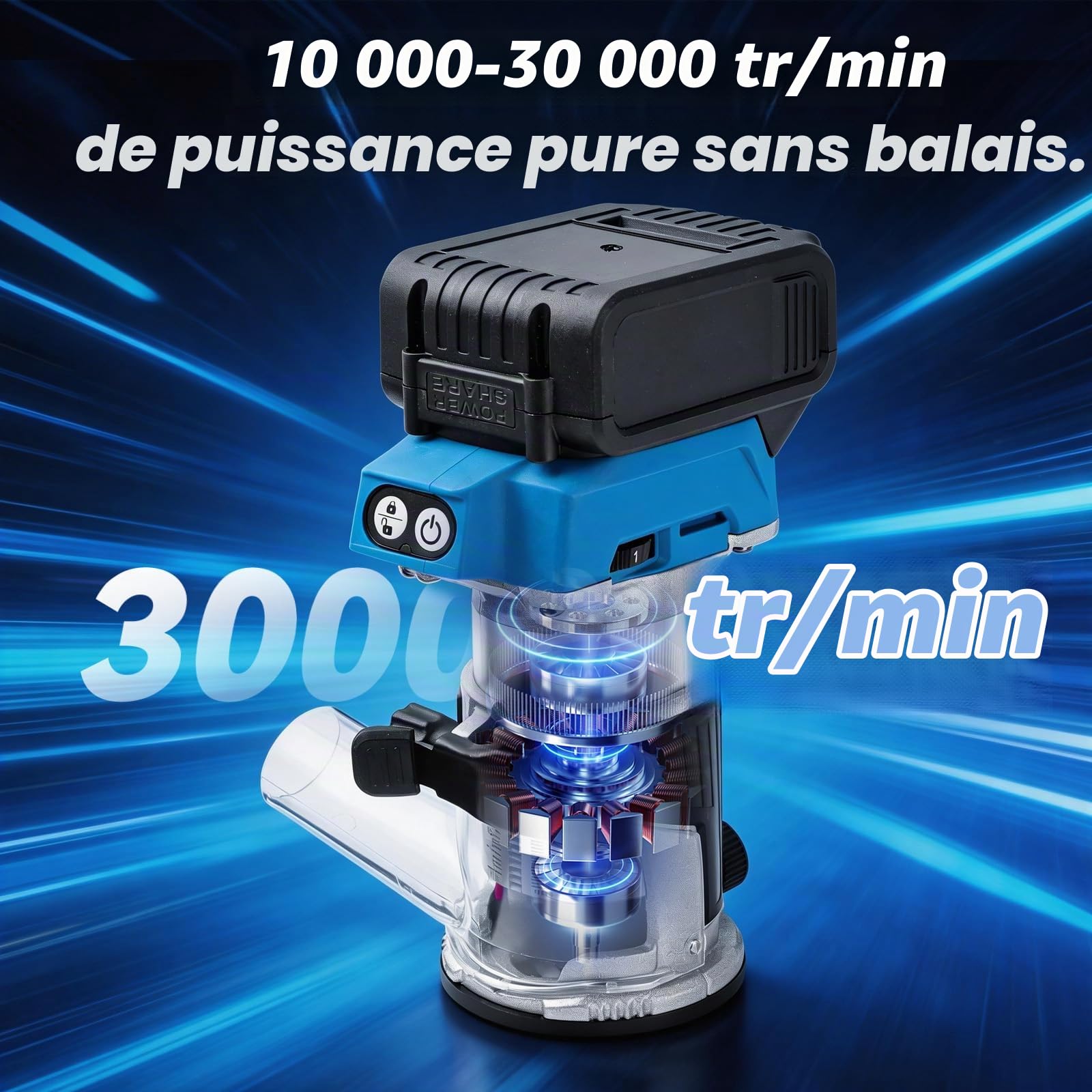 Défonceuse à Bois Sans Fil 21V – Affleureuse Brushless avec 2 Batteries 4.0Ah, 6 Vitesses, 30000 tr/min, 6 Fraises 1/4", Outil Électrique Polyvalent pour Menuiserie et Bricolage