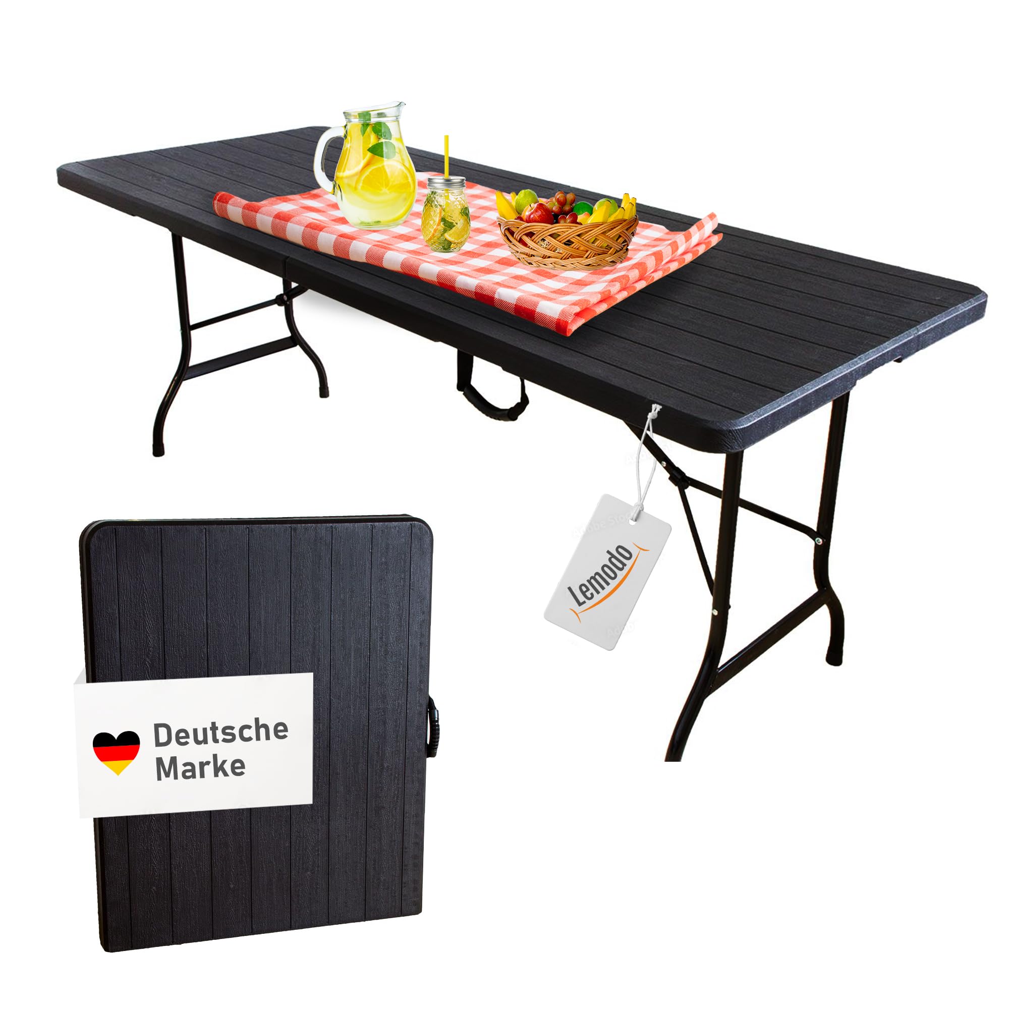Lemodo Klapptisch 180 x 75 cm – klappbarer Gartentisch & Buffettisch bis 150 kg, Stabiler Partytisch in wetterfester Holzoptik schwarz, als Koffertisch mit Tragegriff platzsparend verstaubar