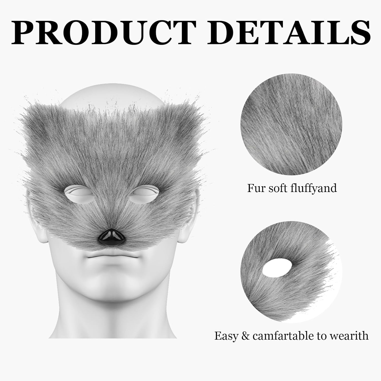 Faux Fur Fox Tail Cat Wolf Cosplay Costume Set Furry Orc Mask and Fox Tail Gloves Set Halloween Christmas Party Girls Women, Mask, a Pair of Gloves and a Tail Three-Piece Set Grey - Image 3