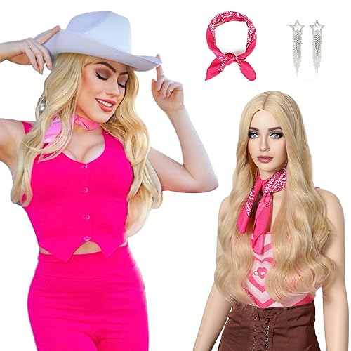 REECHO Pelucas rubias para cosplay, disfraz de mujer, peluca rubia ondulada de 26 pulgadas de largo, parte media, juego de pelucas sintéticas para