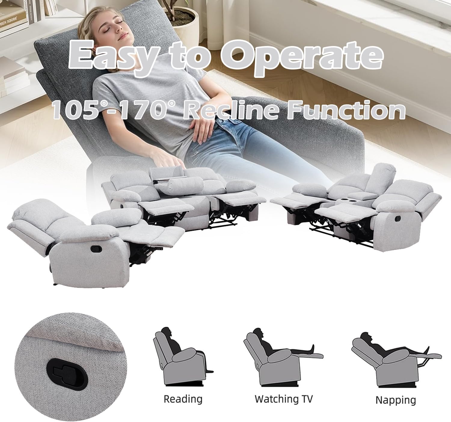 Grey Linen Microfiber Reclining Sofa Set, 3 Pcs (Sofa+Loveseat+Chair), Wood Frame, Bonded Leather/Microfiber/Corduroy, 82x40x40 inches, 480 pounds Capacity, Living Room