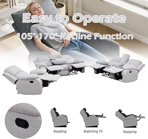 Miniatura 7 de Juego de sofá reclinable de microfibra de lino gris, 3 piezas (sofá+sofá biplaza+silla), marco de madera, cuero/microfibra/pana, 82 x 40 x 40 Gris