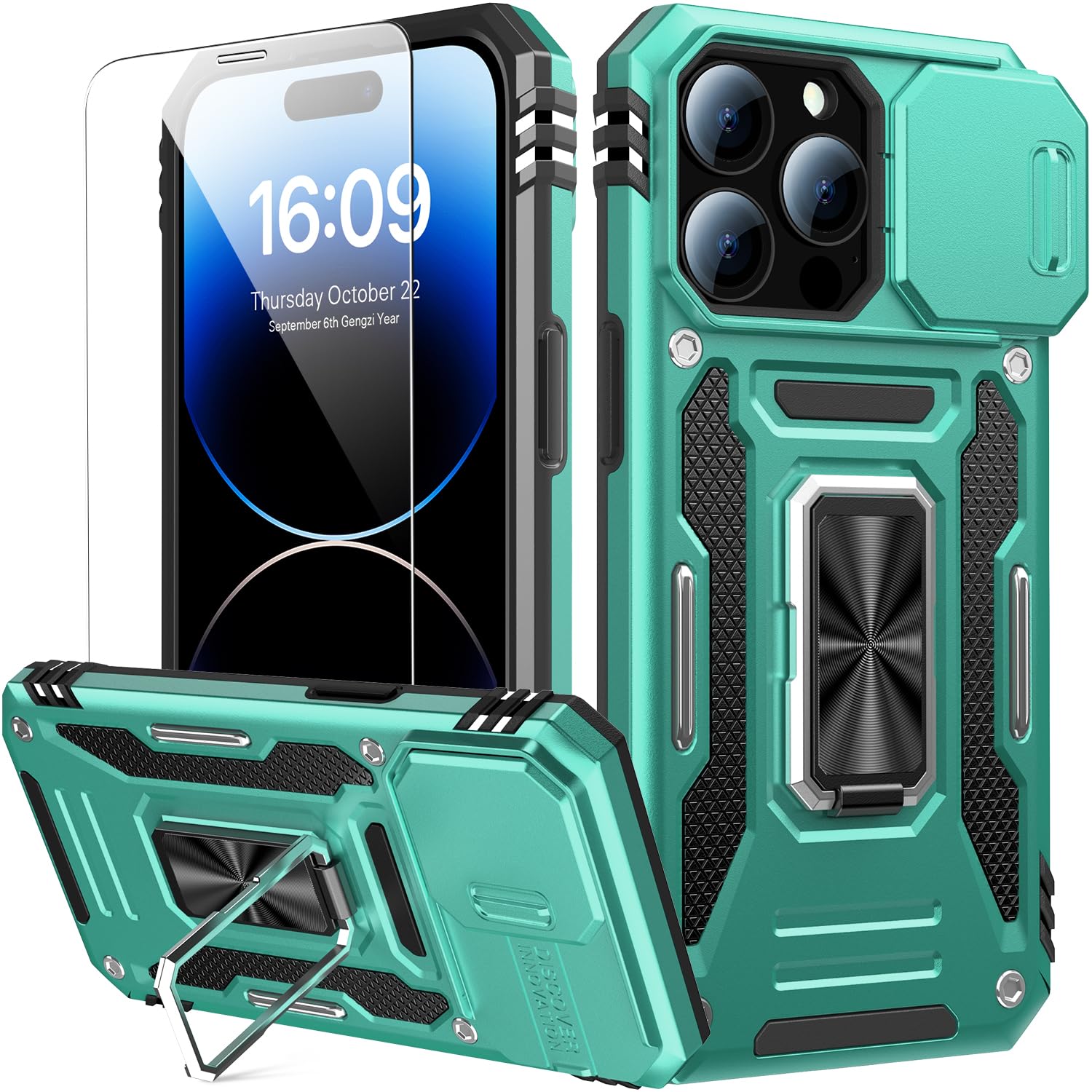 Goodon for iPhone 12 Case, for iPhone 12 Pro Case with Sliding Camera Cover + Screen Protector - Metal Magnetic Kickstand - Military-Grade Shockproof Protective Phone Cover for Men Women Girls - Cyan
