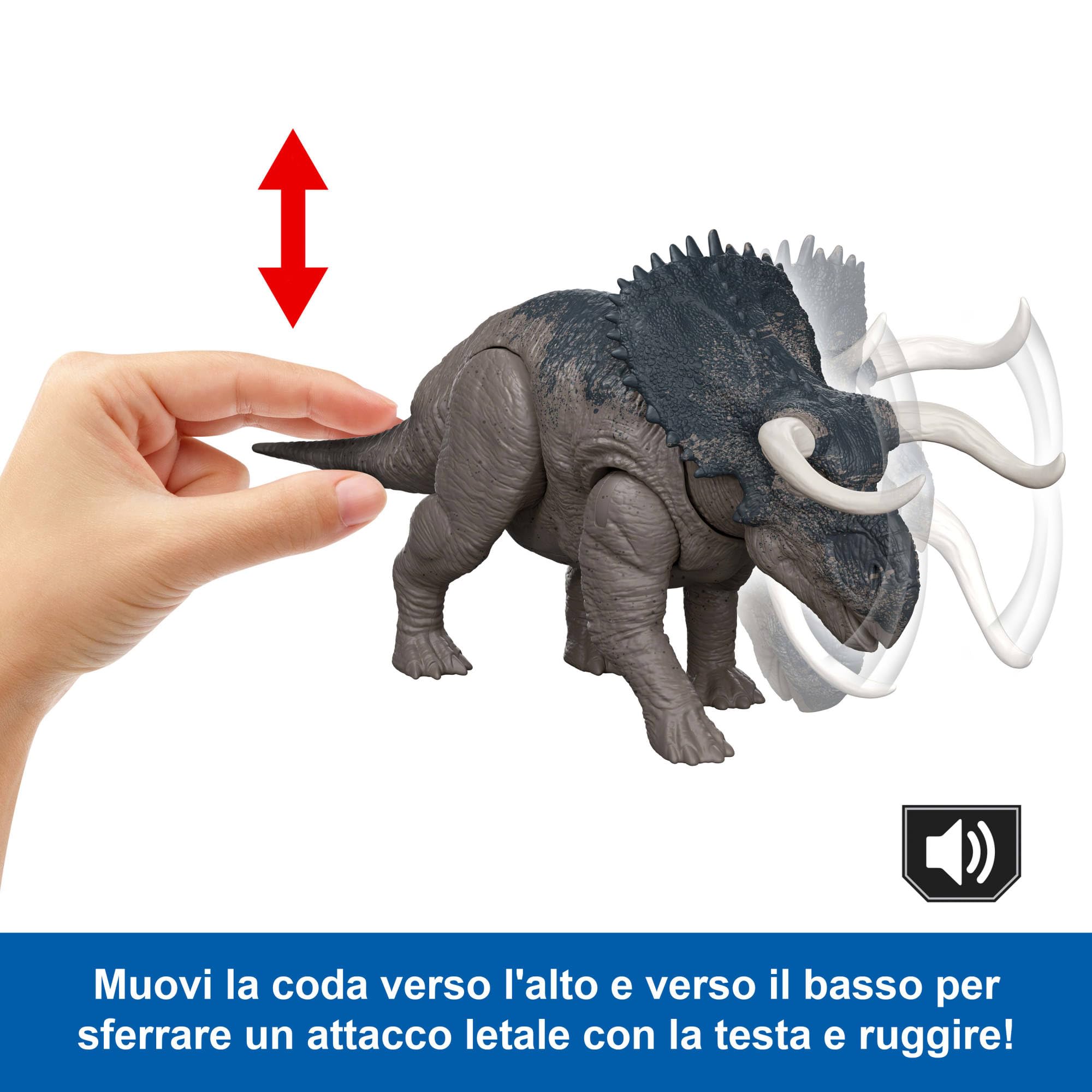 Mattel Jurassic World La Rinascinta Nasutoceratopo Ruggito Selvaggio, dinosauro giocattolo con attacco multidirezionale azionato con la coda e suoni, snodato, gioco digitale, JGC81