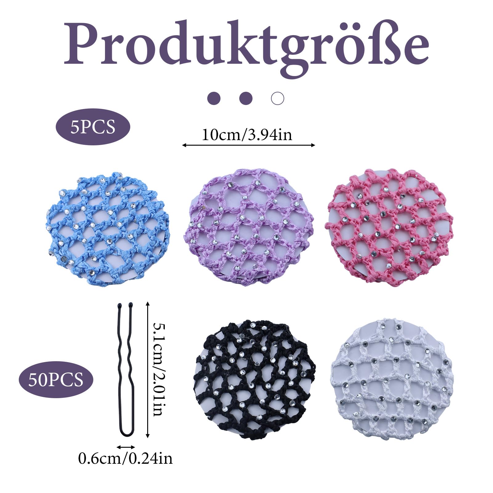 Rete per capelli, 5 pezzi con 50 mollette a forma di U, Retina per capelli con strass, adatta a tutti i tipi di capelli, Nero, Viola, Blu, Rosa, Bianco