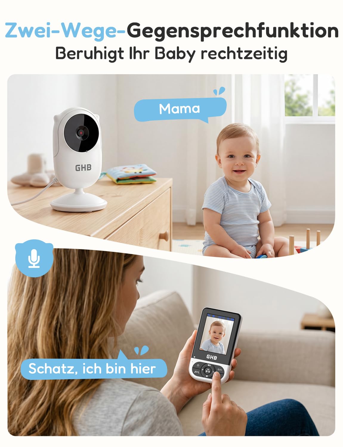 GHB Babyphone mit Kamera Baby Monitor 2,8 Zoll mit Nachtsicht VOX Schlaflieder Gegensprechfunktion Temperatursensor Max. 4 Kameras Unterstützt Schwarz